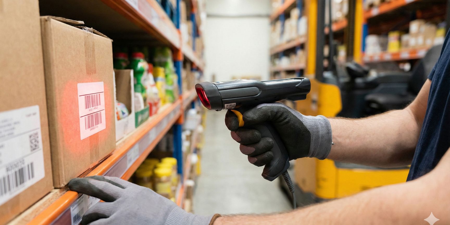 Nahaufnahme eines Lagermitarbeiters, der mit einem Handscanner einen Barcode auf einem Karton scannt, ein typischer Prozess der digitalen Lagerlogistik.